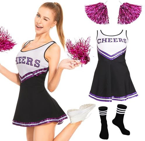 FORMIZON Cheerleader Kostüm, Cheerleader Kostüm Damen Sexy, Cheerleading Uniform Kein mit Pompons und Socken, High School Cheerleader Kostüm für Halloween Verkleidung Karneval (Schwarz, L)