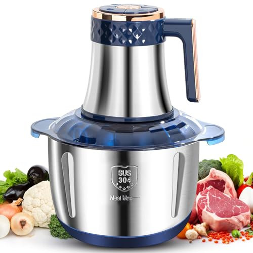 Hachoir électrique, 500 watts, mixeur à 5 vitesses, 6 lames et bol en acier inoxydable de 5 litres pour hacher la viande, les fruits et bien plus encore. (bleu)