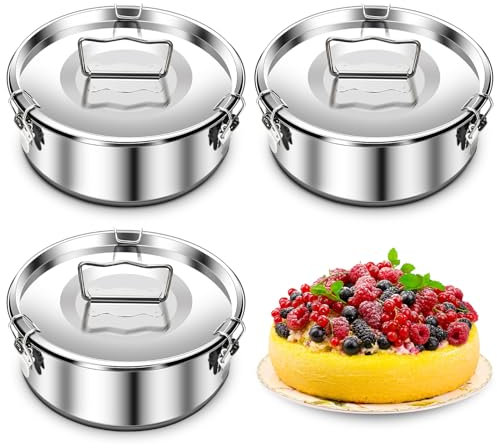 Maxcheck Confezione da 3 teglie in acciaio inox con coperchio, per flan e flan con coperchio, per cuocere acqua e budino al vapore, argento (con manico, 21,4 x 8,5 cm)
