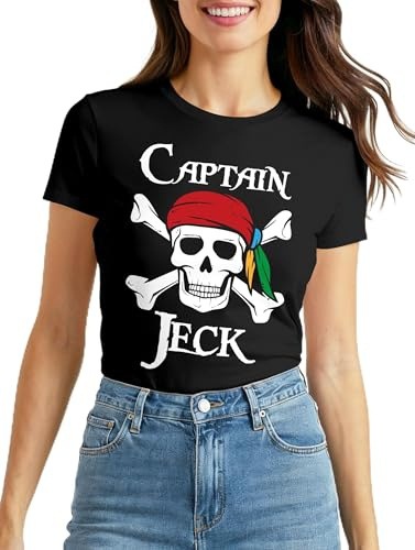 MoonWorks® Damen T-Shirt Fasching Karneval Pirat Captain Jeck Kostüm-Ersatz Verkleidung Faschingskostüme Frauen Funshirt Slim Fit