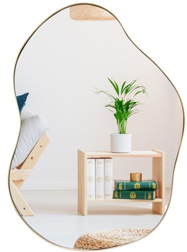 COSTWAY Decorative Wall Mirror, Large Irregular Metal Frame Hanging Accent Vanity Mirror, Horizontal/Vertical Wall Mounted Mirror for Bathroom, Living Room, Bedroom and Hallway, 78x56cm, Gold