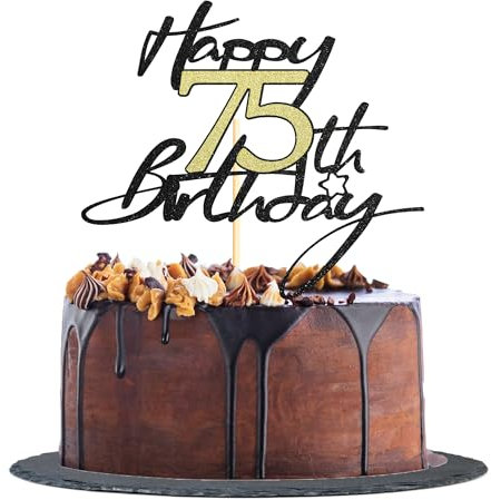 Sotpot 1 Pack 75th Birthday Cake Topper Black Gold Glitter Birthday Cake Decorations for 75th Birthday Theme Party Cake Decorations Supplies