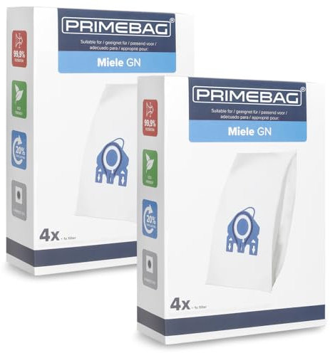 PRIMEBAG - 8 Staubsaugerbeutel kompatibel mit Miele Typ GN G/N - geeignet für S8340 S8 S2 S5 C1 C2 C3 Staubbeutel inkl. 4 Hygienefilter/Abluftfilter für Bestleistung beim Saugen