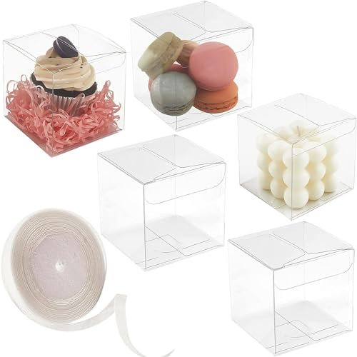 Leslady Durchsichtige Kunststoff Geschenkboxen 45 Klein Macarons Boxen für Hochzeiten und Partys, Geburtstage, Weihnachten, Inklusive Weißem Band(7.6 x 7.6 x 7.6 CM)