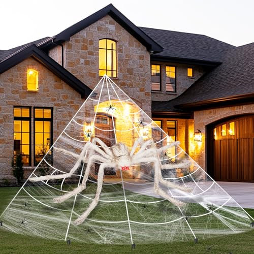 Halloween Deko Outdoor Gruselig, Halloween Spinnennetz Dekoration Set, Riesen Spinnennetz &1Stück 125cm Riesenspinne mit 10 Mini Spinnen, Horror Deko für Halloween Deko Garten(Weiß)