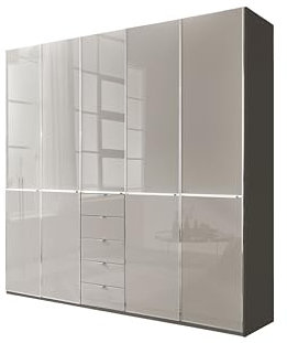 WIEMANN Drehtürenschrank mit 5 Schubkästen hochwertiger Kleiderschrank Schlafzimmerschrank 250cm breit, mit Schubladen, Glas Kieselgrau, Korpus Havanna, Höhe 236cm, Shanghai
