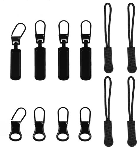 12 PCS Zipper Pull Replacement Upgraded Detachable Luggage Zippers Pull Replacement Zipper Tab Tags Cord Extension Fixer Zippers Repair Kit for Jacket Backpacks Purses Handbags (Black)