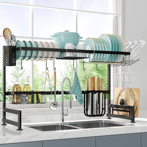 MAJALiS Escurridor de platos en fregadero, escurridores pequeños para fregaderos de cocina, estantes extensibles sobre el fregadero con soporte para utensilios, estante de secado de platos de acero