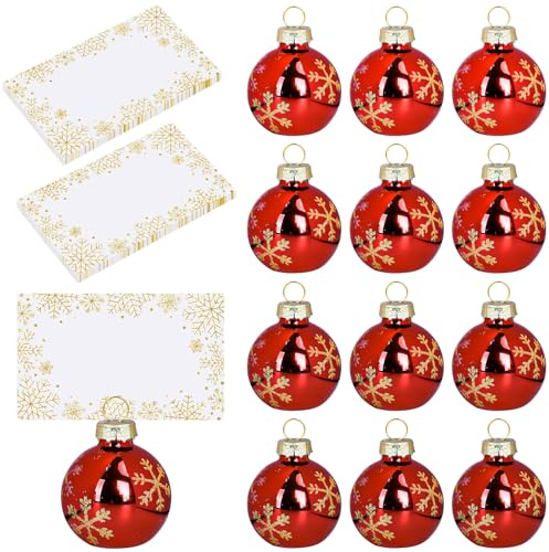 Whaline Lot de 12 porte-cartes de Noël dorés en forme de flocon de neige avec cartes de nom, étiquettes de siège de boule de Noël pour l'hiver, les mariages, les vacances