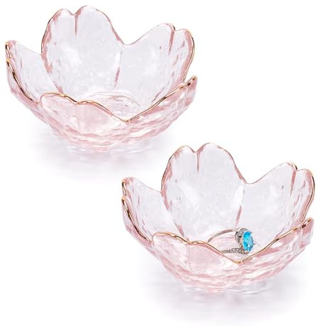 nbeads 2 Stk. Kleines Glas Trinket Tray, BLUMENNn Ring Schale Schmuck Tablett Rosa Kristall-Schmuckschale für Ringe Ohrringe Schmuck Uhren Schlüssel Salat, 8.3x8.5x4cm