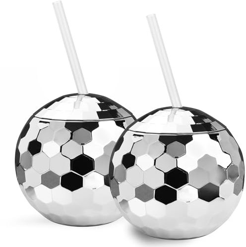 ALINK Disco Ball Cups with Straws, 20 OZ Silver Disco Party Tumbler, Birthday Party Decorations Cups for Bachelorette Party, Bride Shower, 1970s Nightclub, Pack of 2