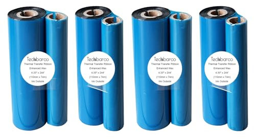 Lot de 4 rouleaux de ruban à transfert thermique de bureau - Cire améliorée de qualité supérieure, noyau de 1,3 cm, avec bobine vide, pour imprimante de bureau Zebra - 110 mm x 74 m