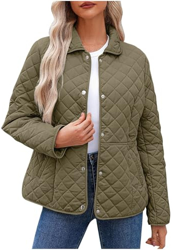 Manteau matelassé décontracté à manches longues pour femme, veste matelassée boutonnée de couleur unie, manteaux tendance, légers et chauds, vêtements d'extérieur d'hiver avec poches, Vert kaki., XL