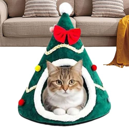 Casa para Gatos con Árbol De Navidad | Cueva para Gatos con Árbol De Navidad - Casa De Campaña De Felpa para Mascotas, Tienda De Campaña para Gatos con Árbol De Navidad, para Dormir Cálido Y Acog
