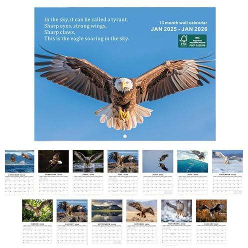 Adler Kalender 2025,2025 Wandkalender Adler | Eagle Monatskalender Wandkalender von Januar 2025 bis Januar 2026 Wandplaner,Planung des umklappbaren Wandkalenders