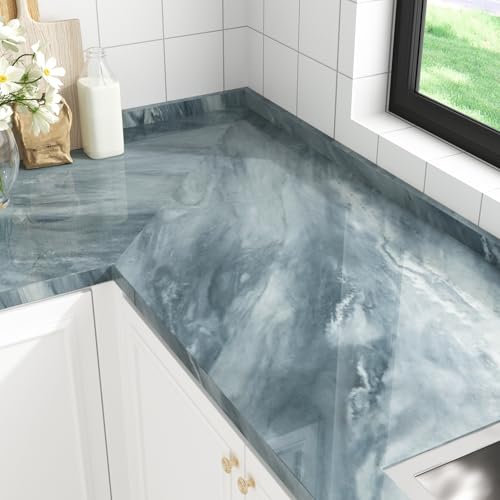 HotDecor Blue Marble Effect Self Adhesive Vinyl Wallpaper Kitchen Worktop Vinyl Covering Gloss Marble Vinyl Wrap for Furniture Bathroom Wallpaper Blue Contact Paper for Kitchen Countertops 40 x 200cm