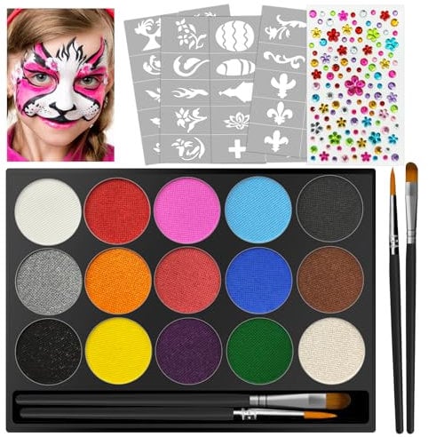 Jsdoin Pintura Corporal y Facial, 15 Colores Kit de Pintura Facial con 40 Plantillas 2 Pinceles, Pintura de Cara para Niños Halloween Carnaval Fiestas Cosplay Semana Santa