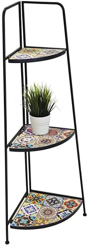 Annastore Metallregal Malaga mit kunstvollen Mosaik-Fliesen H 115 cm klappbar - 3 Regalfächer - Metall-Eckregal Eisen - Gartenregal - Blumenregal