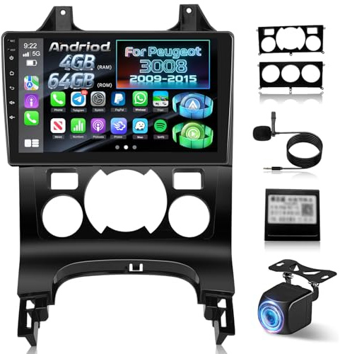 NHOPEEW 4+64G Radio Voiture pour Peugeot 3008 2009-2015 - Radio Android 9 Pouces avec sans Fil Carplay et Android Auto - Mirror Link 32EQ DSP Écran Divisé + Caméra de Recul & Microphone