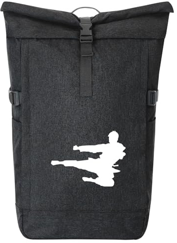 Huuraa Kurierrucksack Karate Silhouette Geschenk | 30-44 Liter Backpack Black Melange Fairtrade Rolltop Rucksack Geschenkidee Schwarzer Laptop-Rucksack passend für 17-Zoll