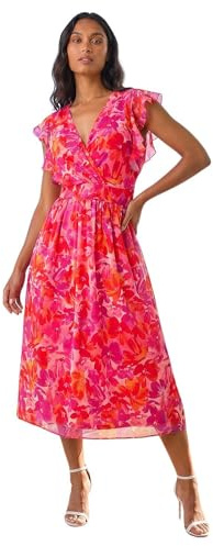 Roman Frill Dress for Women UK Ladies Summer Wrap Chiffon Frill Hem Layered Belted Midi Maxi Tiered Cape Special Occasion Fit & Flare Wedding Guest Swing Skater
