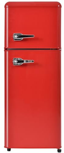 Standard Refrigerators,Retro Fridge Freezer 105.5 cm High 41 cm Wide 2 Door 92 Litre Total Volume with 28 Litre Freezing Volume 181 kWh per Year -27°C ~ 13°C LED Light,Red