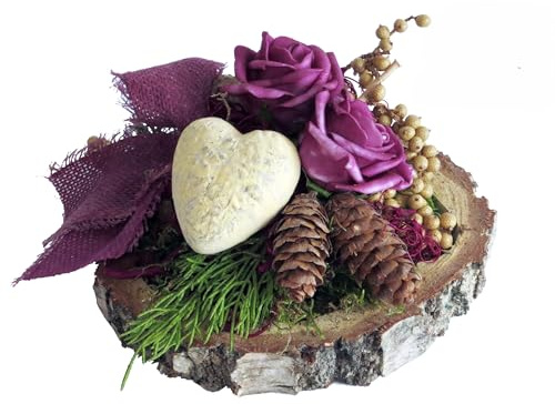 Grabschmuck Birkenscheiben-Tablett mit Herz und Foamrosen CreaFlor Home