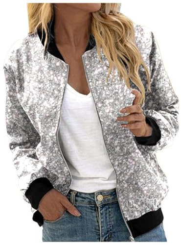 Foweknow Bomberjacke Damen Pailletten Bedruckt Frühlingsjacke Leichte Reißverschluss Kurz Pilotenjacke Blouson Jacke Dünne Langarm Übergangsjacke College Jacket Glitzernde Faschingskostüme