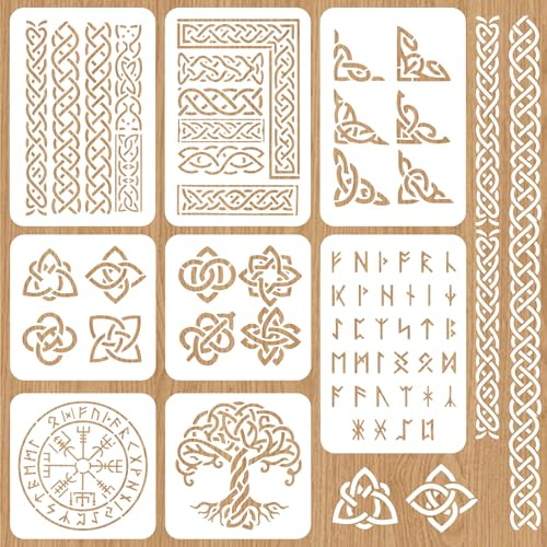INFUNLY 8 Stück Wikinger Symbol Schablonen Set Zum Malen Runen Wand Schablone Keltischer Rand Mal Schablone Wiederverwendbare PET Antike Alphabet Wand Vorlagen Für Hütte Garage Deko DIY Projekt