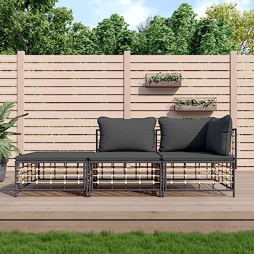 Keeushr 3-TLG. Garten-Lounge-Set mit Kissen Anthrazit Poly Rattan, Wetterfeste Polyrattan Gartenmöbel mit Stahlrahmen für Terrasse, Bequeme Sitzgruppe mit modularem Design