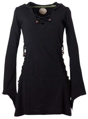 Vishes Elfenkleid mit Zipfelkapuze & Schnürbändern in Schwarz | Größe XS (36-38) | Handgefertigt aus 100% Baumwolle | Ideal für Herbst & Frühjahr | Nachhaltige Alternative Bekleidung