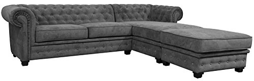 Sofas and More Chesterfield Style Corner Sofa Set 3+2 Seater Armchair Grey Fabric (Right Hand Corner With Footstool)