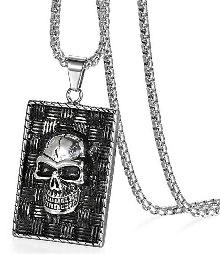 JewelryWe Schmuck Herren Halskette Edelstahl Totenkopf Schädel Dog Tag Erkennungsmarke Anhänger mit Kette, Hip-Hop Geschenk für Männer Silber
