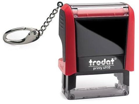 Trodat Printy 4910 – rot mit Schlüsselanhänger - mit Wunschtext personalisierbarer Namensstempel - gleich online gestalten, Firmenstempel, Textstempel, Arztstempel – max. 3 Zeilen - 26x9mm