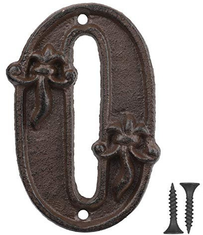 Vandicka Hausnummer aus Gusseisen - Landhausstil, Adressnummernschild, Antikbraun, Rost-Finish mit Fleur de Lis Prägung,11,5x7,1 cm - Ziffer 0