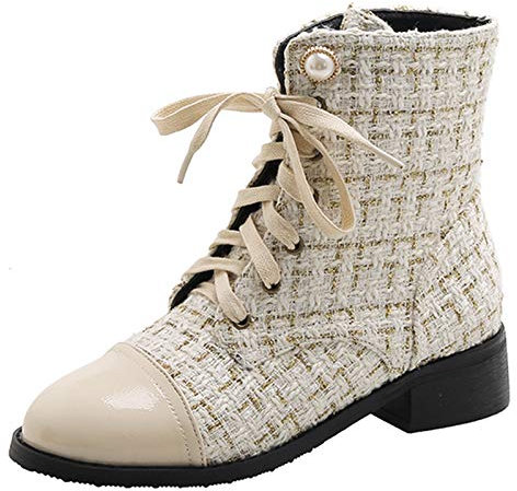 Smilice Damen Tweed Stiefel mit Niedrigen Absätzen (Beige, 42EU)