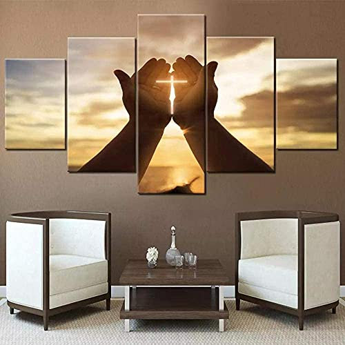 QZWXEC® Moderner Plakat-Druck 5-teilige Kreuze Jesus-Hände beten Bild-Leinwand-Malerei-Hauptdekor-Wandkunst-Wohn-Dekor-Wand-Dekor-Rahmen (150x80cm)