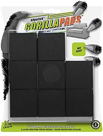 Slipstick GorillaPads CB142-16 Non-Slip Furniture Pads (Set of 16 Grips), 2 Square Floor Protectors for Under Furniture, Black, CB142-16