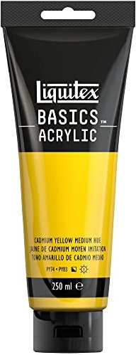 Liquitex 88700230 Basics - Peinture acrylique, peinture artistique monopigmentée, résistante à la lumière, qualité archive, finition satinée, tube de 250 ml - Jaune Cadmium Moyen Imitation