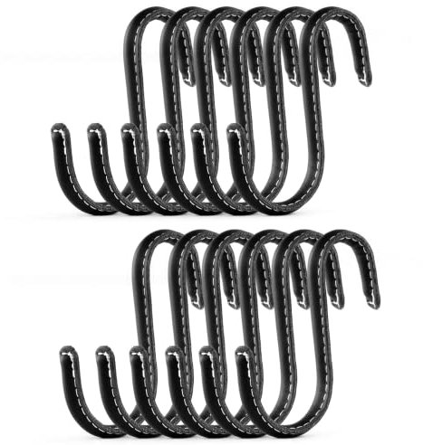 Brute Strength - S-Haken mit Vollnarbenleder umwickelt - 12 Stück - Schwarz - 10 cm Edelstahl Metallbügel Hängende Haken für Küche, Werkstatt, Bad