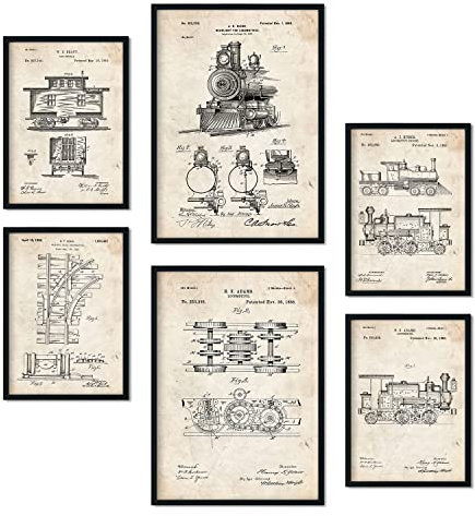 Nacnic Set von 6 Plakaten mit Zug Patenten. Plakate mit Retro-Patentabbildungen. Inneneinrichtung im Vintage-Stil. Grösse A4 und A3. Ohne Rahmen.