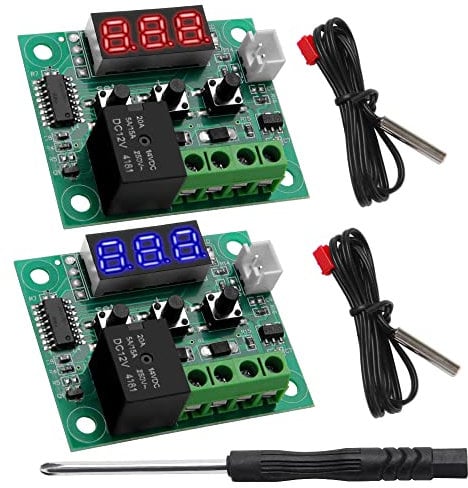VooGenzek 2 Pieces W1209 Digital Temperature Controller, 12V DC Micro Digital Thermostat -50-110°C Electronic Temperature Temp Control Module Switch with Waterproof NTC Probe (Red & Blue)