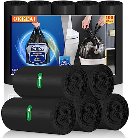OKKEAI Small Bin Bags 5l Bin Liner Black Plastic Pedal Waste Bags with Tie Handle 100 Counts Mini Garbage Bag Toilet Trash Bags for Bathroom,Bedroom,Kitchen,Office,Fit 3,4,5,6l Rubbish Bin