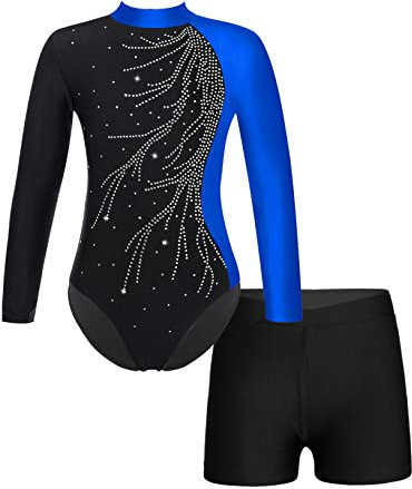 Choomomo Mädchen Turnanzug Gymnastikanzug Glänzend Gymnastikbody Langarm Ballett Tanz Trikot Leotard Mit Shorts Wettkampf Tanzkleidung Dancewear Blau 134-140