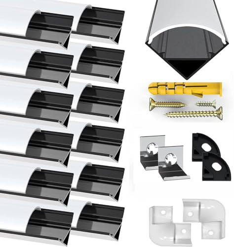 LED Profil Schwarz V Form, 12Pack Aluminiumkanal Eckprofil Kanal Schwarz Profil mit Milchiger Weißer Abdeckung, Endkappen, Montage Clips und 45 Grad Eckverbindern für LED Streifen Lichter Diffusor