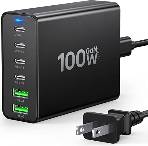 USB C Fast Charger 100W GaN Compact Charging Station 6 Port USB Type C Charging Block Hub Power Strip, 4 PD USB C 2 QC USB A Wall Charger for iPad iPhone 17 16 15 14 13 Pro Max Pixel Note Galaxy