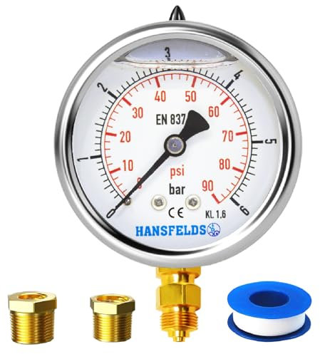 Manomètre Hansfelds 0–6 bar/psi, cadran 63 mm, raccord inférieur en laiton G1/4 BSP, rempli de liquide (glycérine), classe de précision 1.6, inclus 2 réducteurs 3/8 et 1/2.