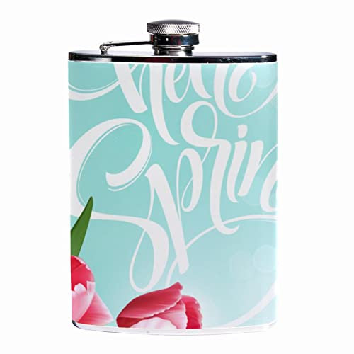Petacas para licor,Hola primavera flor de tulipán,Frasco a prueba de fugas de acero inoxidable y frasco de embudo para hombres y mujeres