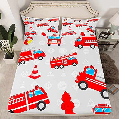 Loussiesd Feuer LKW Auto Bettlaken Set Cartoon Feuerwehrmann Spannbettlaken 90x200cm für Kinder Feuerwehrleute Auto Vehicle Spannbetttuch Cartton Auto Bettdeckenbezug Feuer Engine Mit 1 Kissenbezug