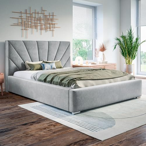 MOTIVENA Sisi Polsterbett 160x200 mit Bettkasten, Bett 160x200 mit Lattenrost, Bett 160x200 mit Stauraum, Stauraumbett 160x200, mit Kopfteil, ohne Matratze, Samt, Grau (Hellgrau)